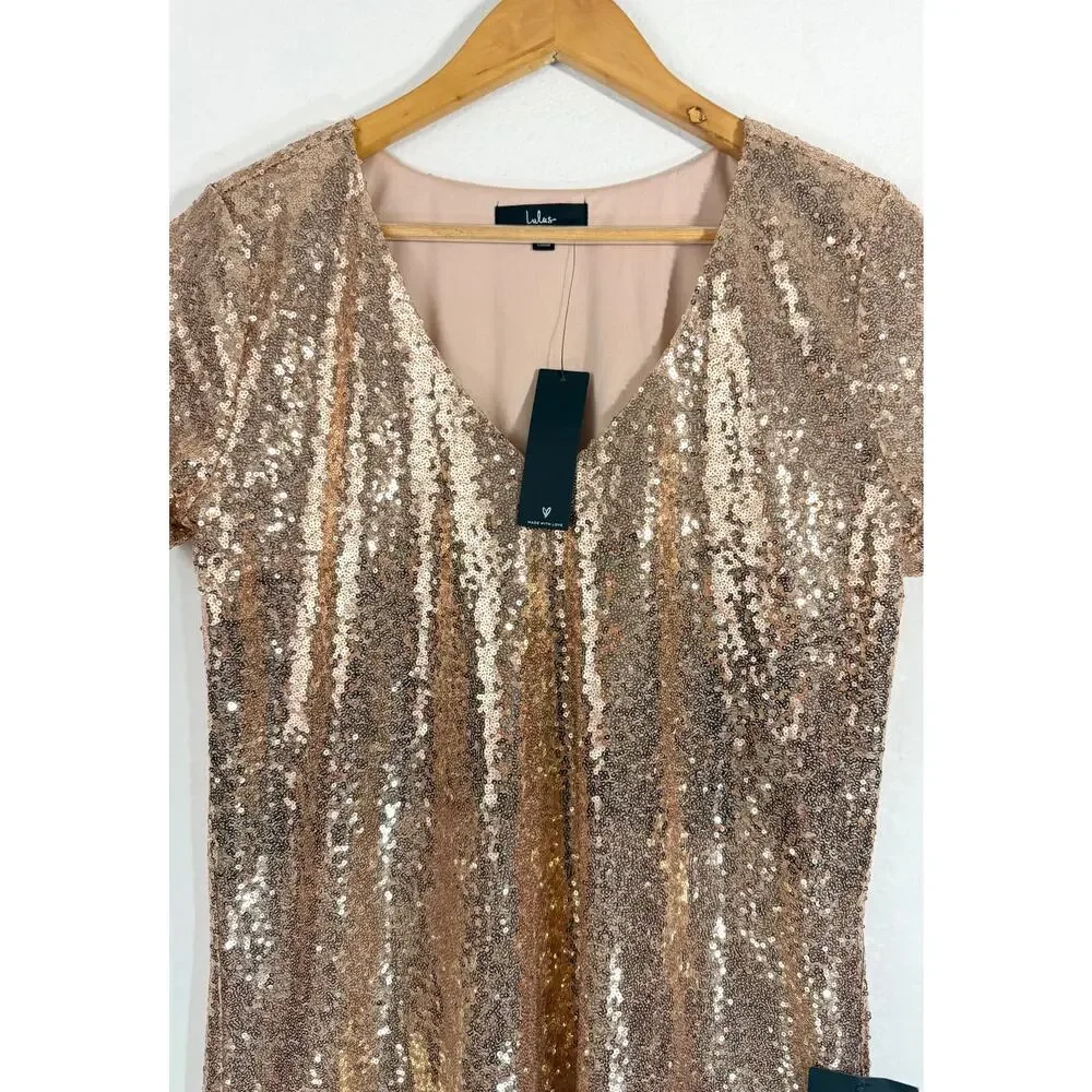 NWT Lulus Light Up the Night Champagne Sequin Mini Shift Dress Size Large - Picture 7 of 11